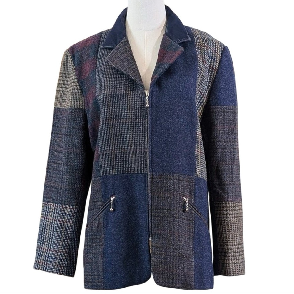 Vintage 80’s Women's Patchwork Blazer - Blue and Gray